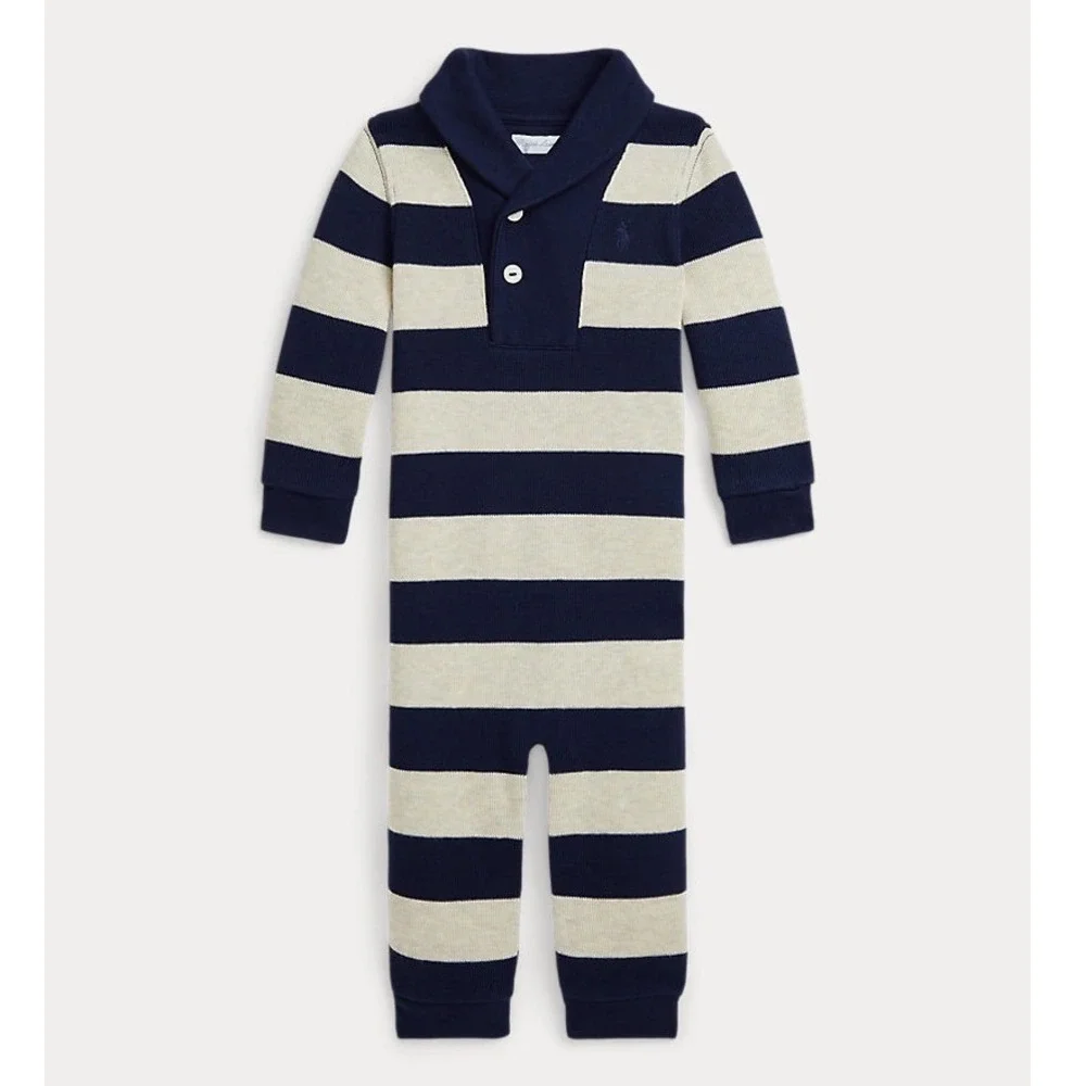 Ralph Lauren Baby Boy Navy Cream Striped Shawl Collar Cotton Coverall 12M ff